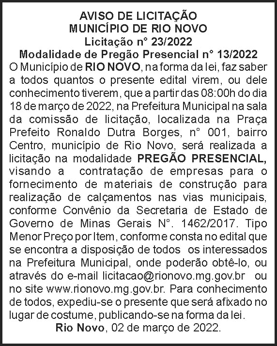 Rio Novo - Licitação Nº 23 4 1 RIO NOVO 23
