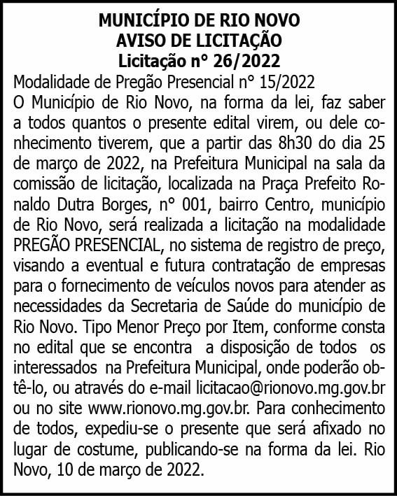 Rio Novo Licitação Nº 26 4 1 RIO NOVO
