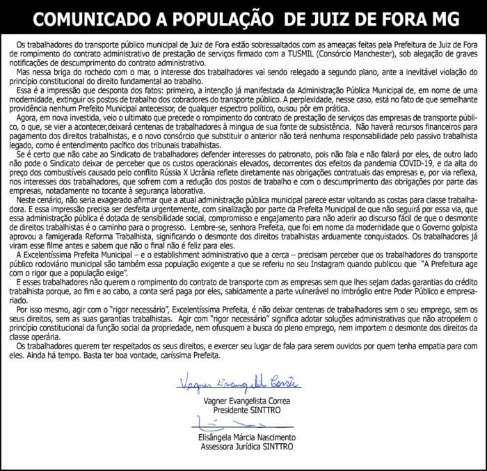 Comunicado a população - Sinttro 4 1 SINTTRO