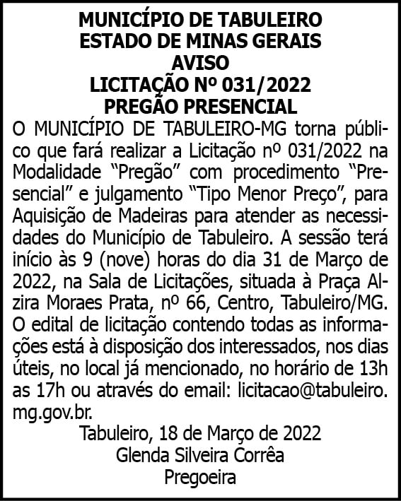 Município de Tabuleiro- Licitação n° 031/2022 4 1 TABULEIRO 031