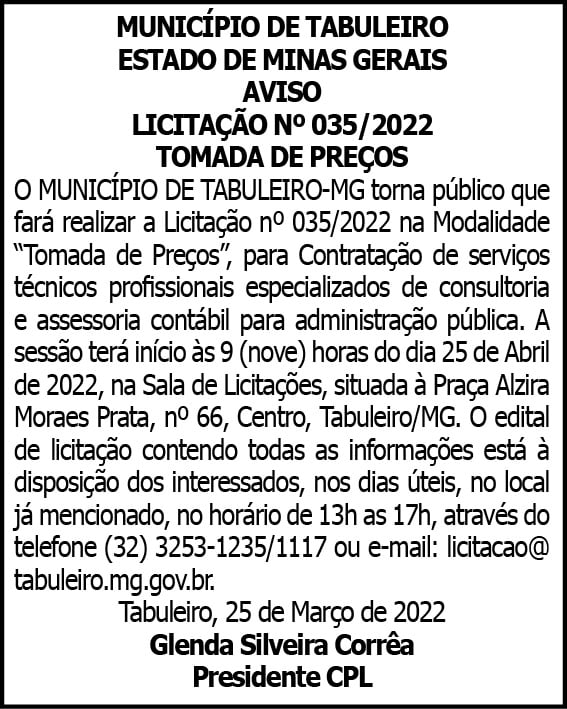 Município de Tabuleiro- Aviso de Licitação N° 035/2022 4 1 TABULEIRO 035