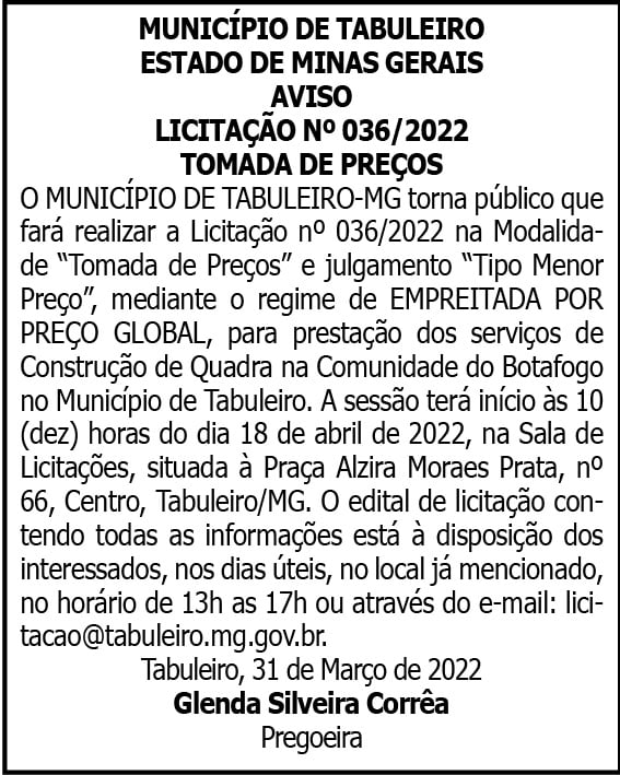 Município de Tabuleiro- Licitação N° 036/2022 4 1 TABULEIRO 036