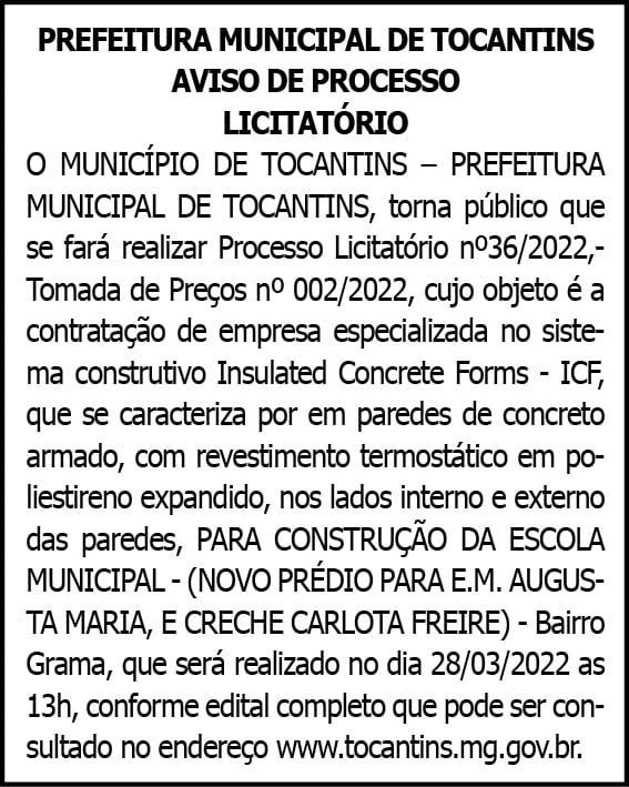 Licitação - Município de Tocantins 4 1 TOCANTINS 036