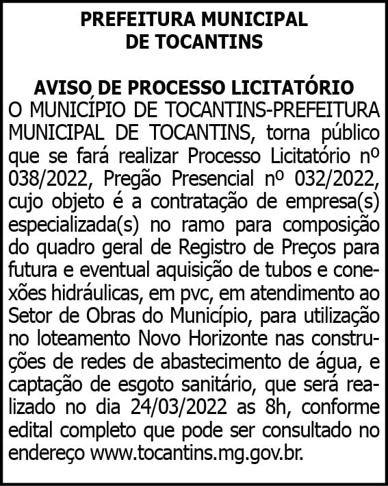 Município de Tocantins - Licitação Nº 38 4 1 TOCANTINS 038