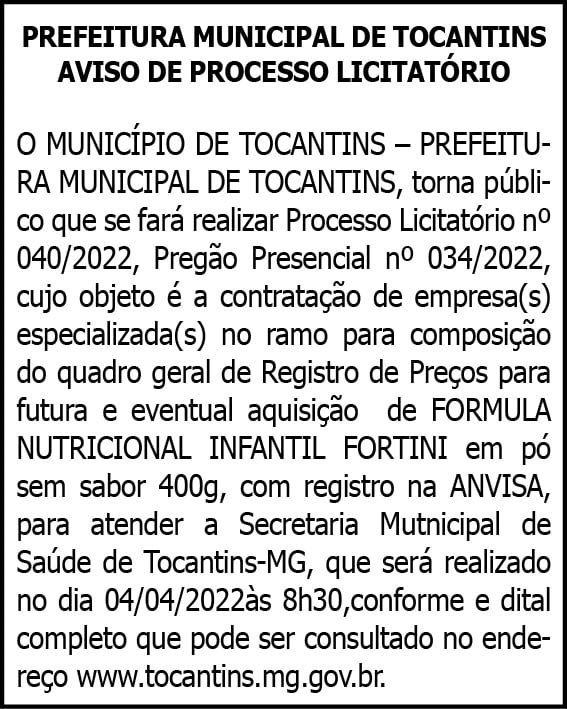 Prefeitura de Tocantins - Pregão Presencial 034/2022 4 1 TOCANTINS 040