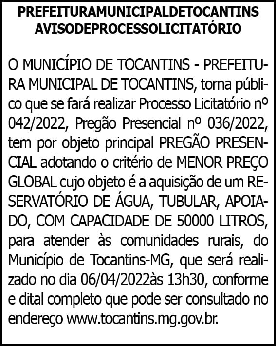 Prefeitura de Tocantins - Pregão Presencial 036/2022 4 1 TOCANTINS 042
