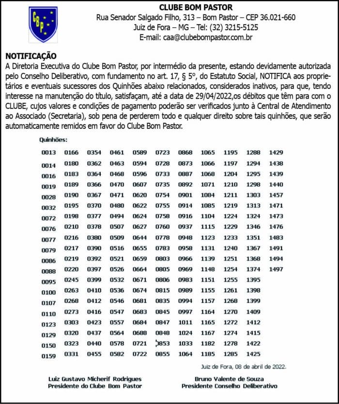 CLUBE BOM PASTOR / NOTIFICAÇÃO 4 1 BOM PASTOR