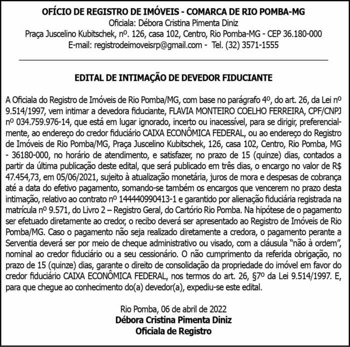 EDITAL DE INTIMAÇÃO DE DEVEDOR FIDUCIANTE 4 1 FLAVIA