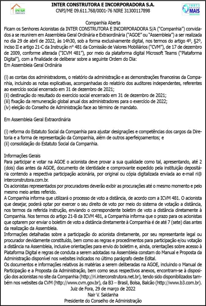 INTER CONSTRUTORA E INCORPORADORA S.A / Companhia Aberta 4 1 INTER