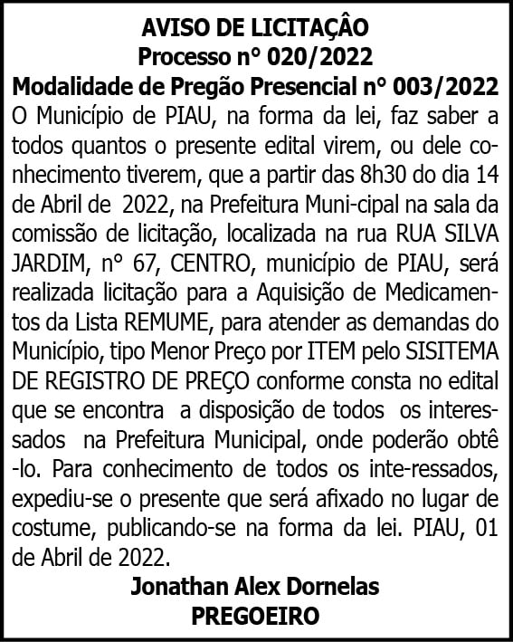 Município de Piau- Pregão Presencial 003/2022 4 1 PIAU 020