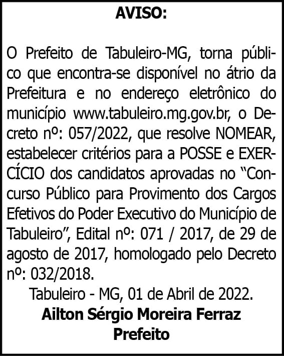 AVISO - Prefeitura de Tabuleiro 4 1 TABULEIRO