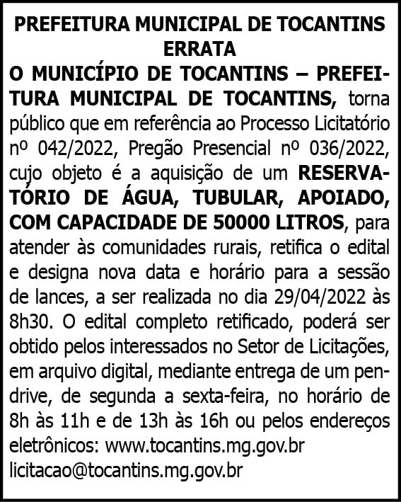 Município de Tocantins- Errata Pregão Presencial 036/2022 4 1 TOCANTINS 042