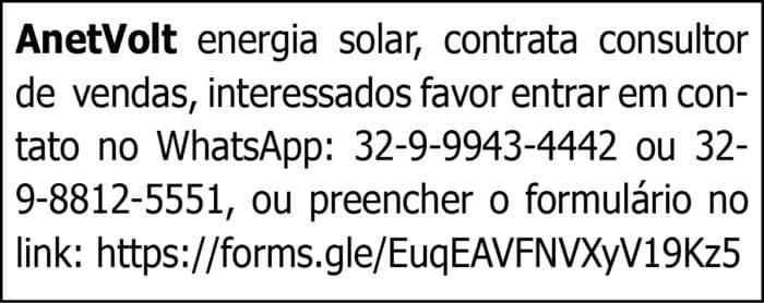 AnetVolt Energia Solar - Contrata Consultor de Vendas 4 EMP ANE
