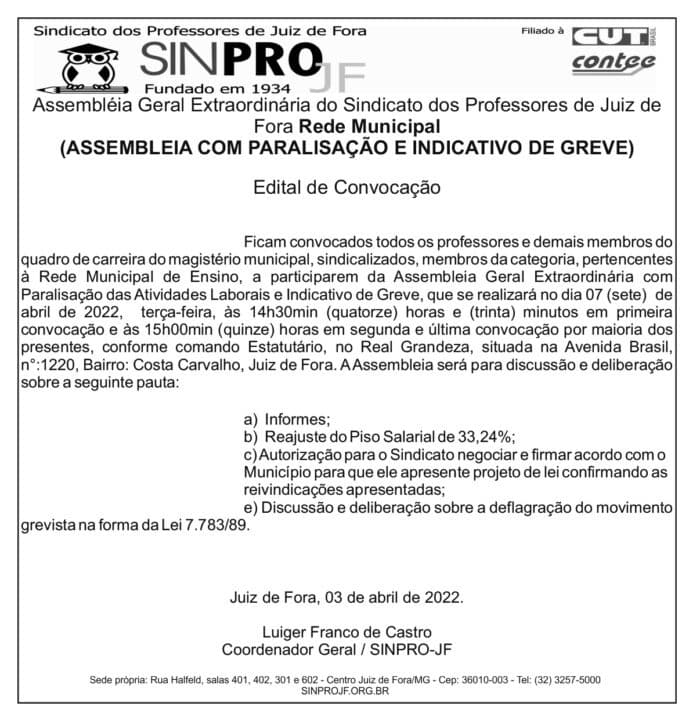 Edital de Convocação- SINPRO 8 SINPRO ABR 01 2022