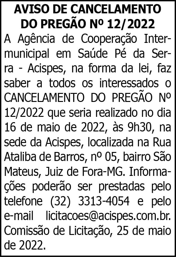 AVISO DE CANCELAMENTO DO PREGÃO Nº 12/2022 4 1 ACISPES 12