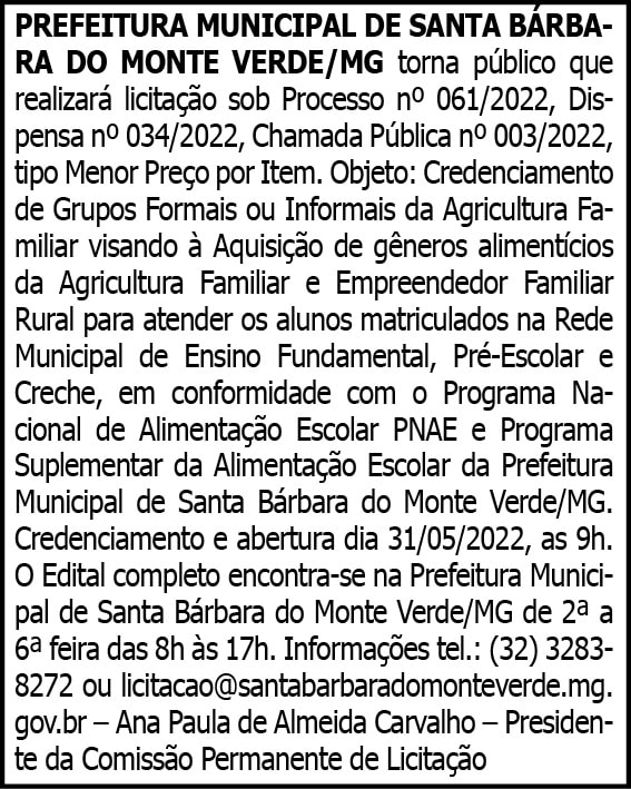 PREFEITURA MUNICIPAL DE SANTA BÁRBARA DO MONTE VERDE/MG 4 1 BARBARA 061