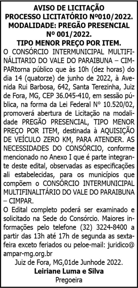 AVISO DE LICITAÇÃO PROCESSO LICITATÓRIO Nº010/2022. 4 1 CIMPAR 010