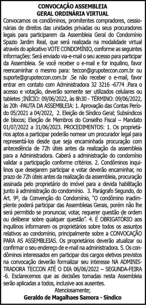CONVOCAÇÃO ASSEMBLEIA GERAL ORDINÁRIA VIRTUAL 4 1 SPAZIO