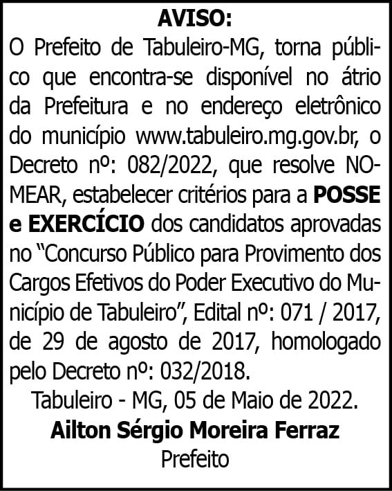 AVISO: O Prefeito de Tabuleiro-MG 4 1 TABULEIRO 1
