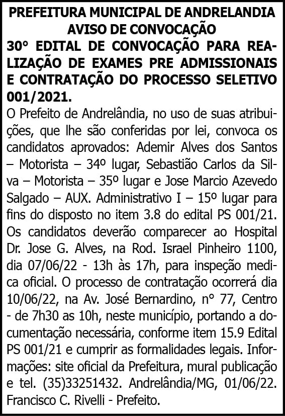 PREFEITURA MUNICIPAL DE ANDRELANDIA AVISO DE CONVOCAÇÃO 4 1 ANRELANDIA 30
