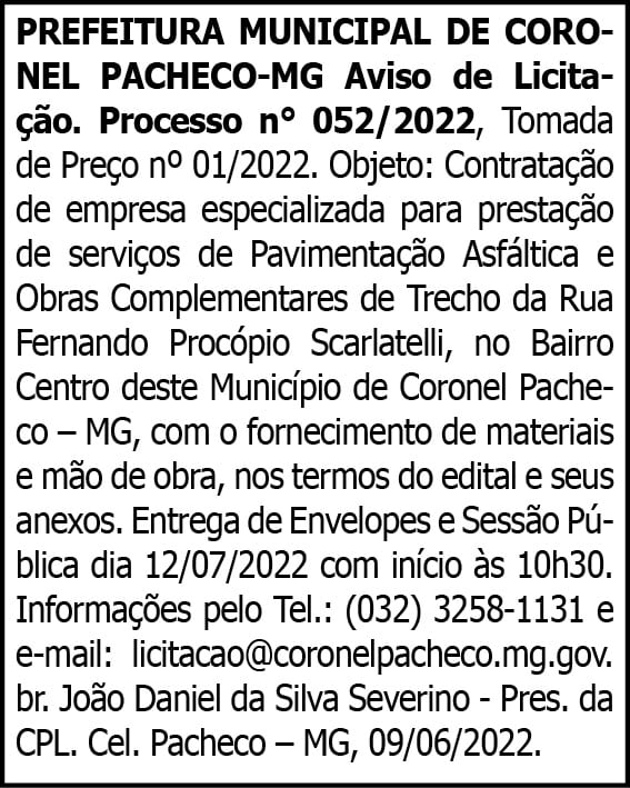PREFEITURA MUNICIPAL DE CORONEL PACHECO-MG 4 1 CORONEL 052