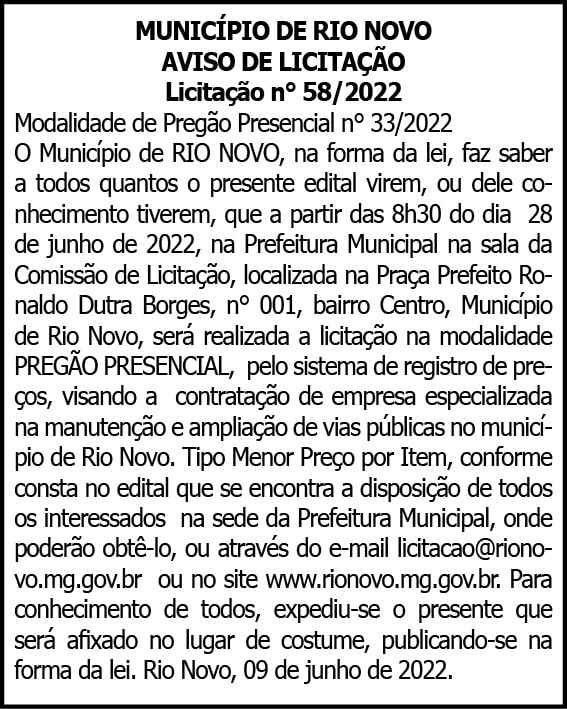 MUNICÍPIO DE RIO NOVO AVISO DE LICITAÇÃO 4 1 RIO NOVO 58