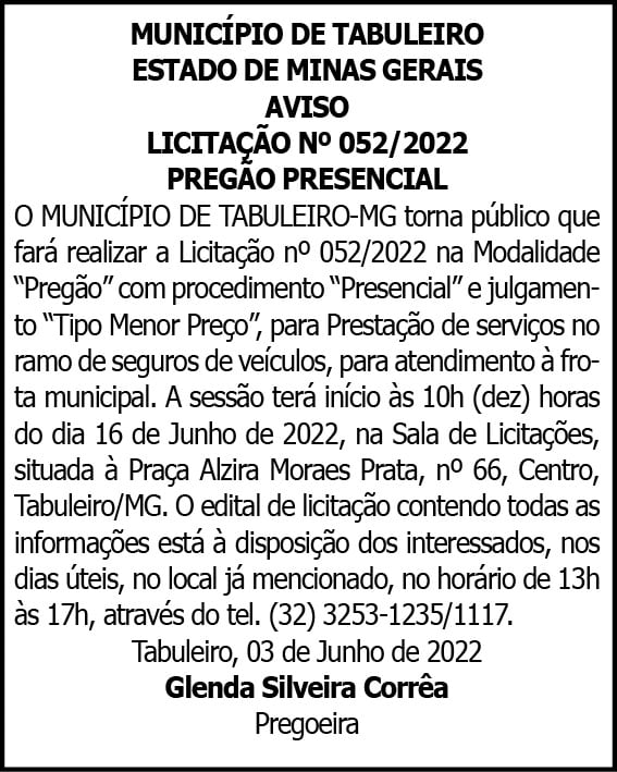 MUNICÍPIO DE TABULEIRO ESTADO DE MINAS GERAIS AVISO 4 1 TABULEIRO 052