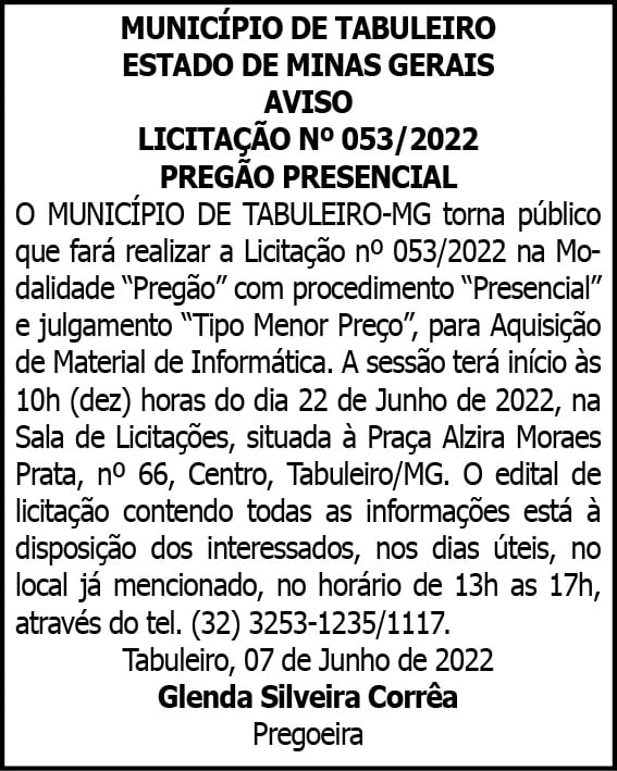 MUNICÍPIO DE TABULEIRO ESTADO DE MINAS GERAIS AVISO 4 1 TABULEIRO 053