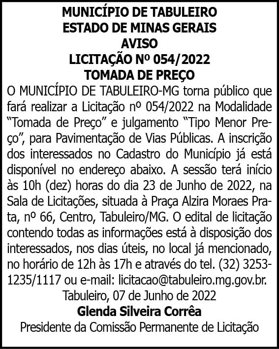 MUNICÍPIO DE TABULEIRO ESTADO DE MINAS GERAIS AVISO 4 1 TABULEIRO 054