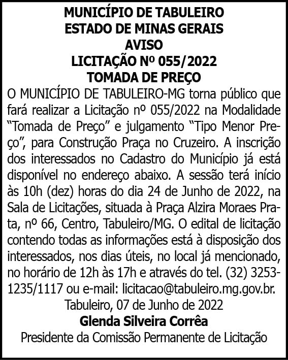 MUNICÍPIO DE TABULEIRO ESTADO DE MINAS GERAIS AVISO 4 1 TABULEIRO 055