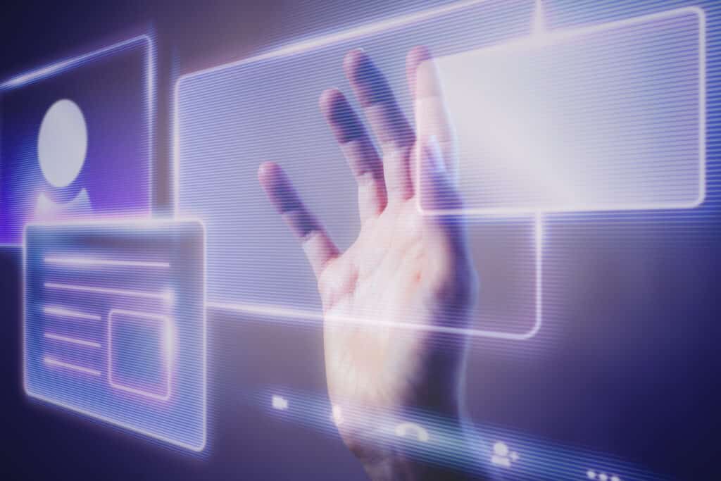 woman touching a smart technology holographic interface