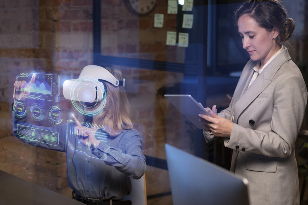 pessoas de tiro medio usando oculos vr