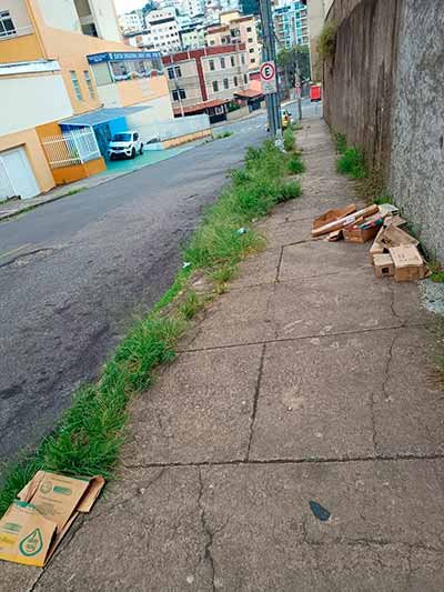 Calçada tomada por mato prejudica locomoção de pedestres no Bonfim