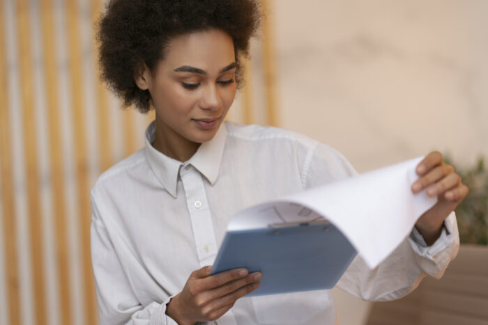 front view woman working as economist