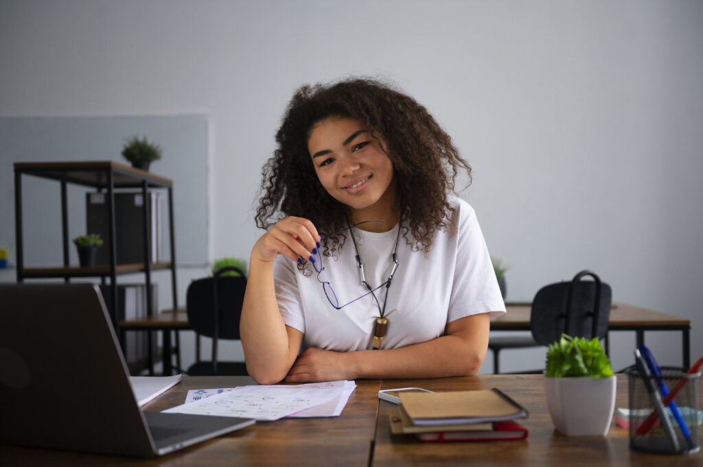 woman working as economist medium shot