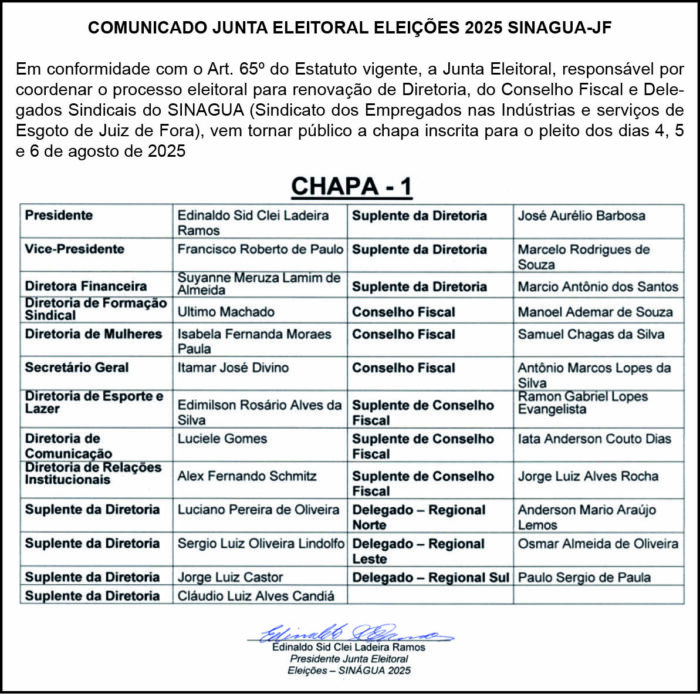 COMUNICADO JUNTA ELEITORAL ELEIÇÕES 2025 SINAGUA-JF 4 1 SINAGUA
