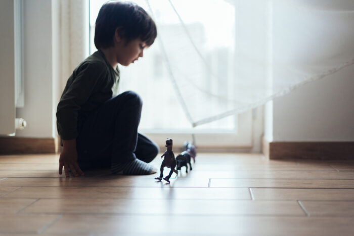 crianca tocando com brinquedo dinossauros
