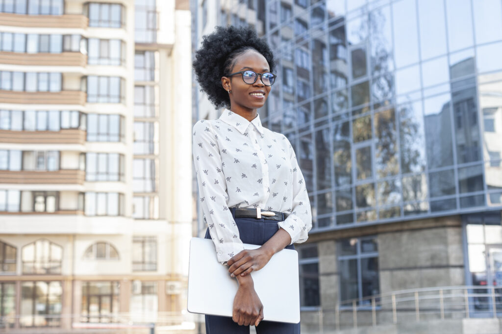 medium shot stylish african woman office clothes