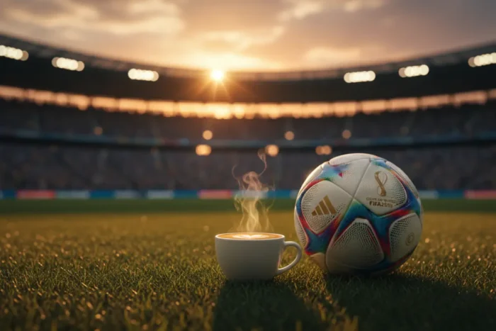 Na Copa o Brasil caiu, mas no café ainda ganhamos de todos eles 1 Em campo representando o café brasileiro, uma xícara ao lado de uma bola