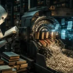 Imagem criada por IA simulando inteligencia artificial lendo livros e depois destruindo-os
