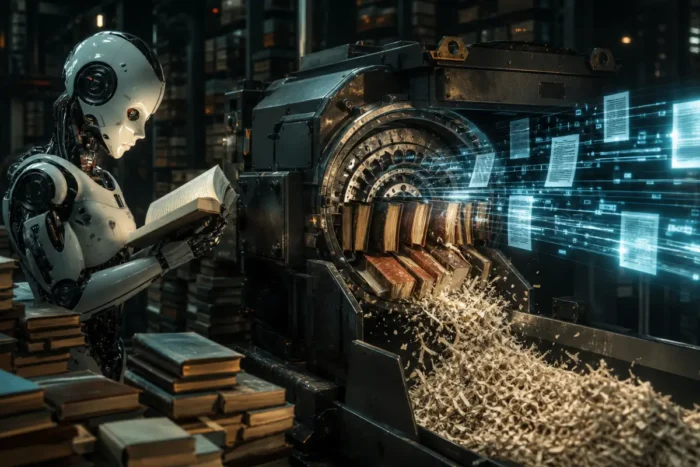 Imagem criada por IA simulando inteligencia artificial lendo livros e depois destruindo-os