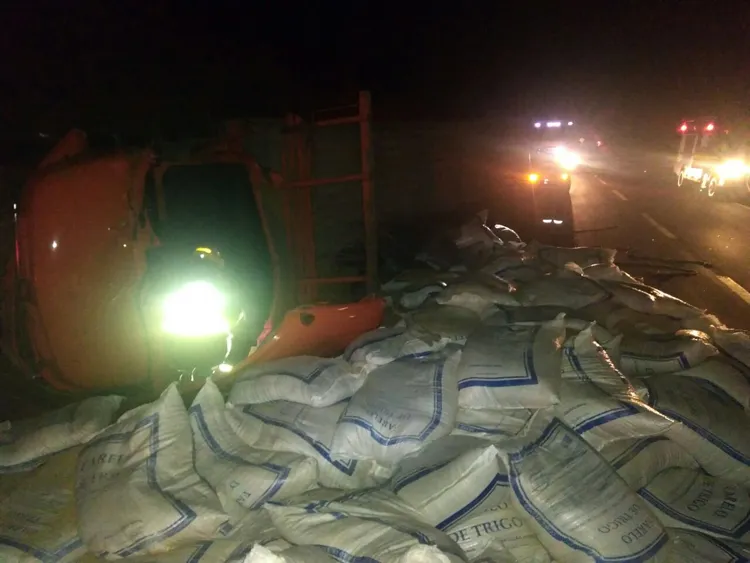 Caminhão carregado com farelo de trigo tomba na BR-267 1 acidente caminhão crédito bombeiros
