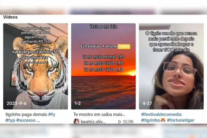 Exemplos de conteudo sobre o Fortune Tiger no TikTok variando de memes a denuncias e estrategias de jogo