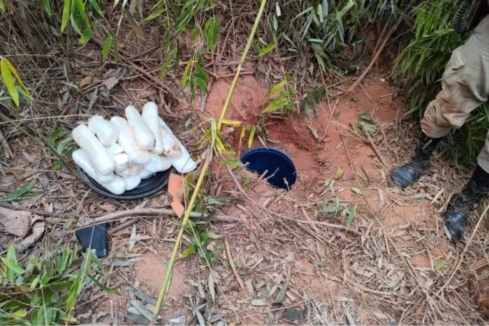 Batalhão realiza maior apreensão de drogas para varejo da sua história 1 Policiais cavaram buracos no terreno e encontraram um grande volume de drogas, que abasteceria beirro Aeroporto de Muriaé (Foto: Divulgação/PMMG)